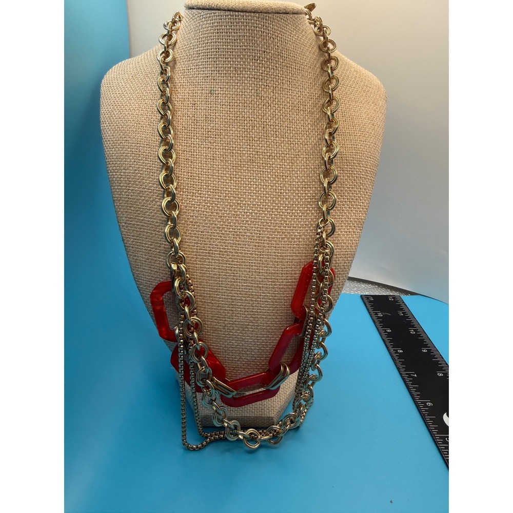 NY New York & Company Gold Tone Red Acrylic Link Multi Strand Statement Necklace